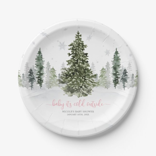Watercolor Winter Forest Pink Baby Shower Paper Plate (Front)