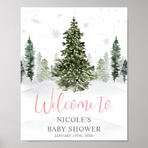 Watercolor Winter Forest Pink Baby Shower Welcome Poster