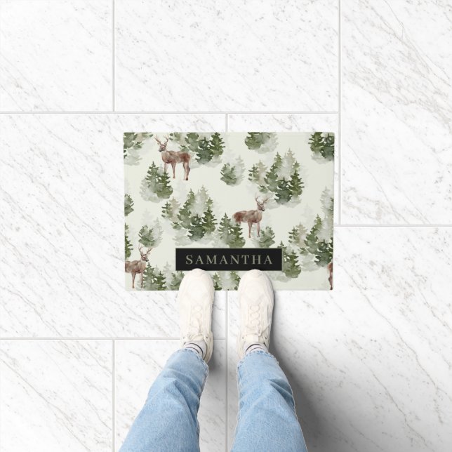 Watercolor Winter Forest Seamless Pattern Doormat (Indoor)