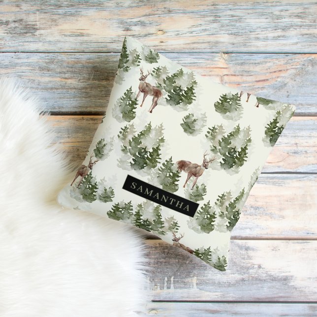 Watercolor Winter Forest Seamless Pattern Outdoor Pillow (Creator Uploaded)
