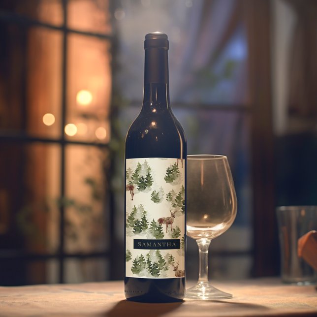 Watercolor Winter Forest Seamless Pattern Wine Label (Creator Uploaded)