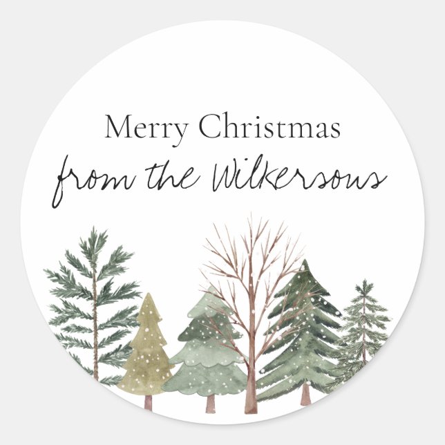Watercolor Winter Forest Simple Trees Classic Round Sticker (Front)