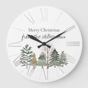 Watercolor Winter Forest Simple Trees Large Clock