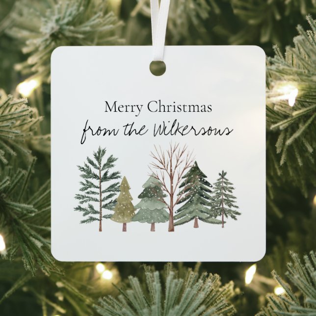 Watercolor Winter Forest Simple Trees Metal Ornament (Insitu)