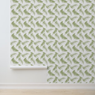Watercolor winter fronds olive green white wallpaper