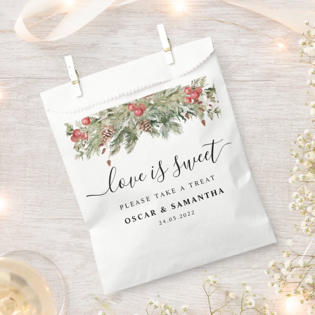 Watercolor Winter Green Pine Tree  & Pine Cone Favour Bag (Clipped)