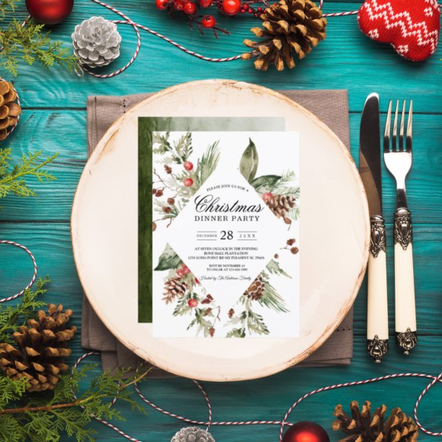 Watercolor Winter Green Pine Tree  & Pine Cone Inv Invitation (Creator Uploaded)