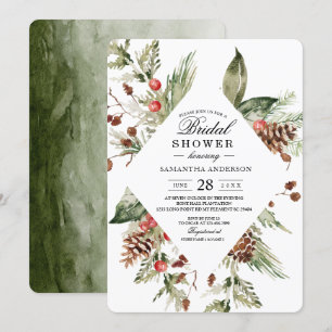 Watercolor Winter Green Pine Tree & Pine Cone Invitation