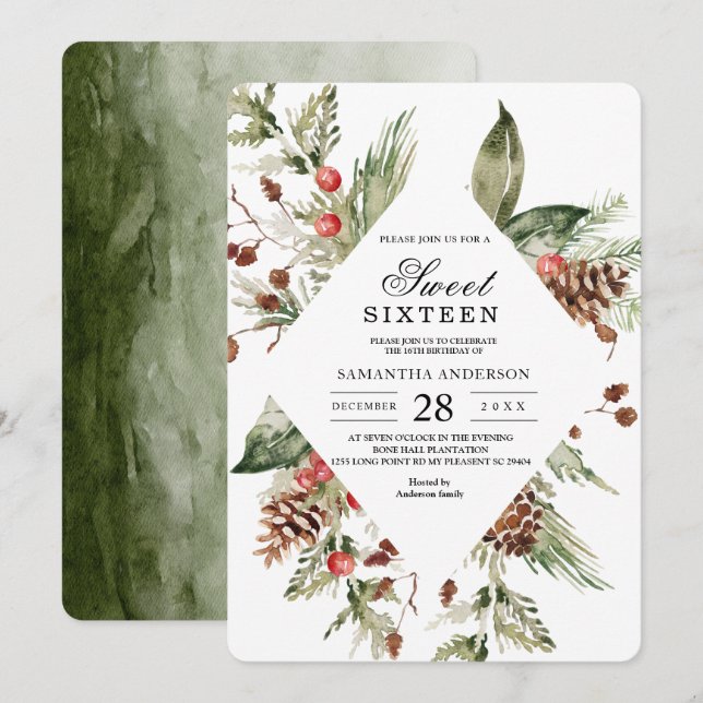 Watercolor Winter Green Pine Tree  & Pine Cone Invitation (Front/Back)
