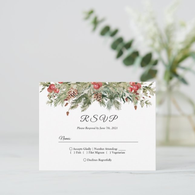 Watercolor Winter Green Pine Tree  & Pine Cone Invitation Postcard (Standing Front)