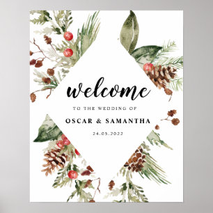 Watercolor Winter Green Pine Tree  & Pine Cone Pos Poster