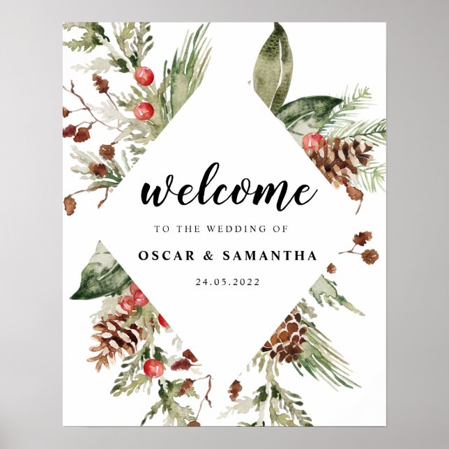 Watercolor Winter Green Pine Tree  & Pine Cone Pos Poster (Front)