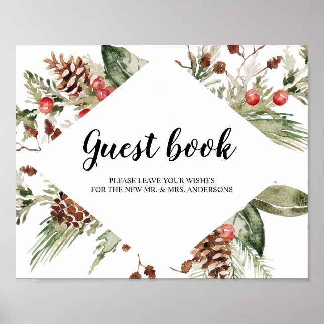 Watercolor Winter Green Pine Tree  & Pine Cone Pos Poster (Front)