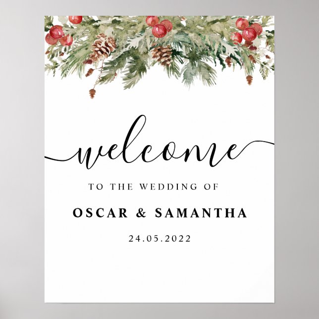 Watercolor Winter Green Pine Tree  & Pine Cone Poster (Front)