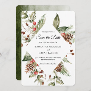 Watercolor Winter Green Pine Tree & Pine Cone Save The Date