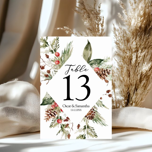 Watercolor Winter Green Pine Tree  & Pine Cone Table Number (Creator Uploaded)