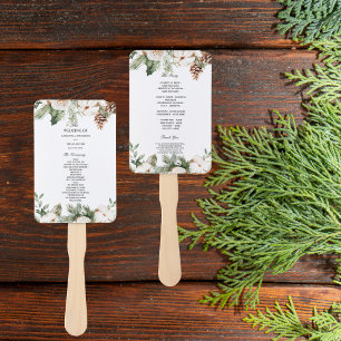 Watercolor Winter Green Pine Tree & White Flowers Hand Fan