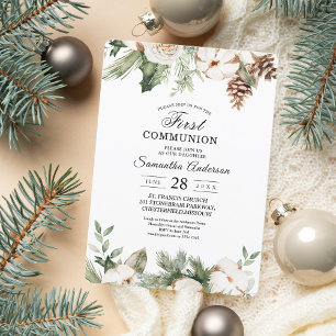 Watercolor Winter Green Pine Tree & White Flowers Invitation