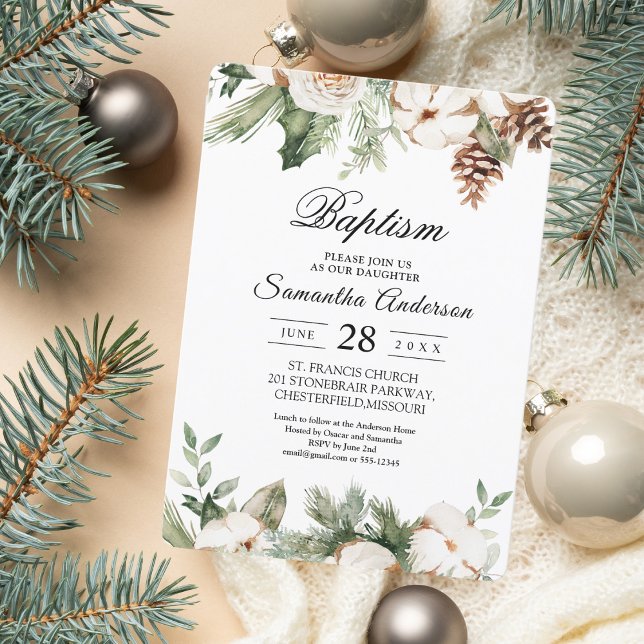 Watercolor Winter Green Pine Tree & White Flowers Invitation (Creator Uploaded)