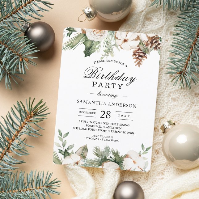 Watercolor Winter Green Pine Tree & White Flowers Invitation (Creator Uploaded)