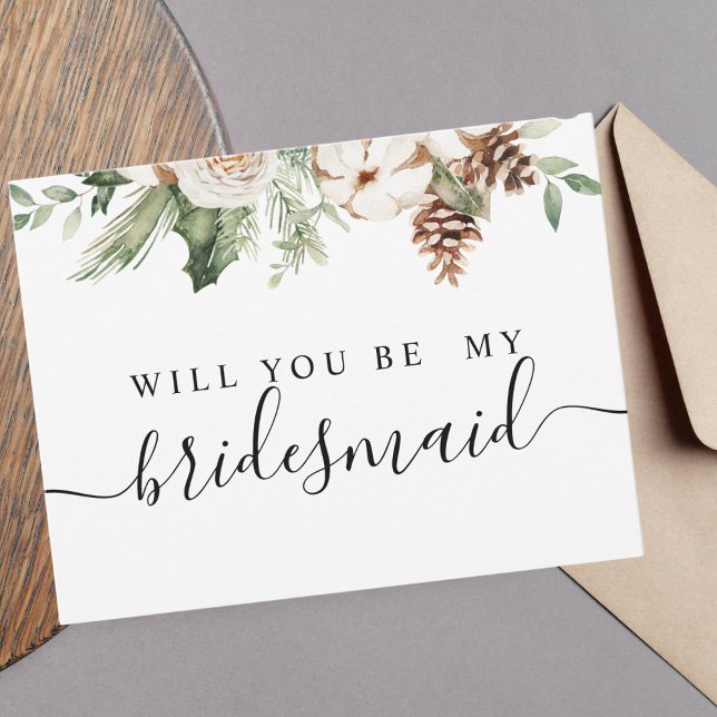 Watercolor Winter Green Pine Tree & White Flowers Invitation Postcard (Creator Uploaded)