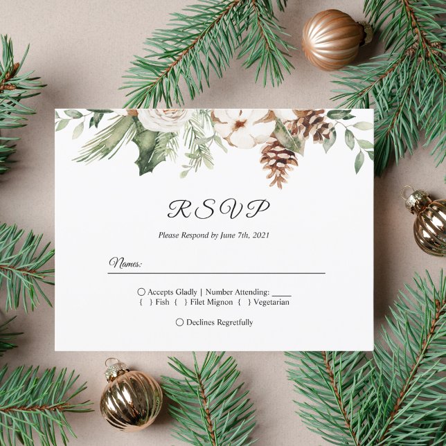 Watercolor Winter Green Pine Tree & White Flowers Invitation Postcard (Creator Uploaded)