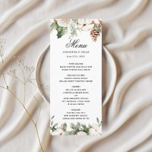 Watercolor Winter Green Pine Tree & White Flowers Menu