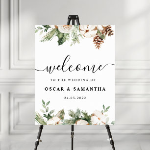 Watercolor Winter Green Pine Tree & White Flowers Poster