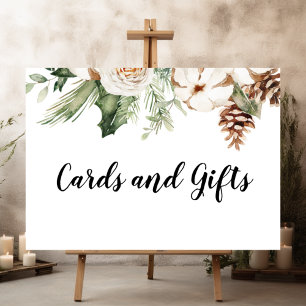Watercolor Winter Green Pine Tree & White Flowers Poster