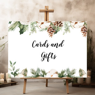 Watercolor Winter Green Pine Tree & White Flowers Poster