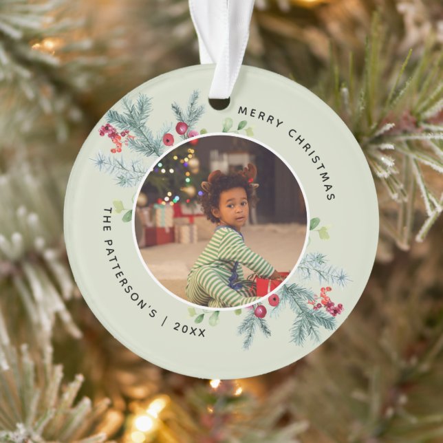 Watercolor Winter Greenery 2 Photos Ornament (Tree)