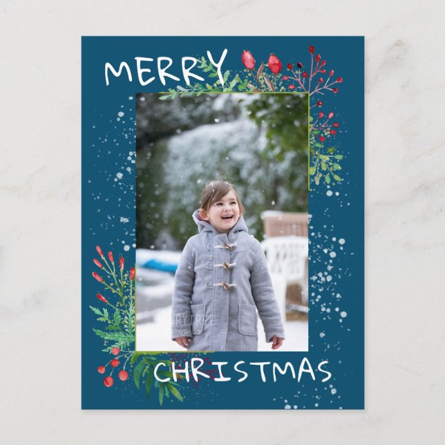 Watercolor Winter Greenery Blue Christmas Photo Postcard (Front)