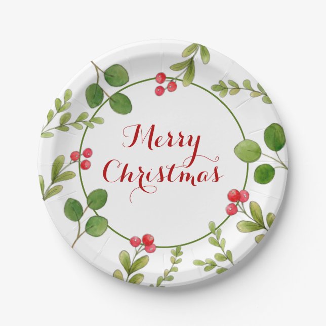 Watercolor winter greenery Christmas Party Paper Plate (Front)