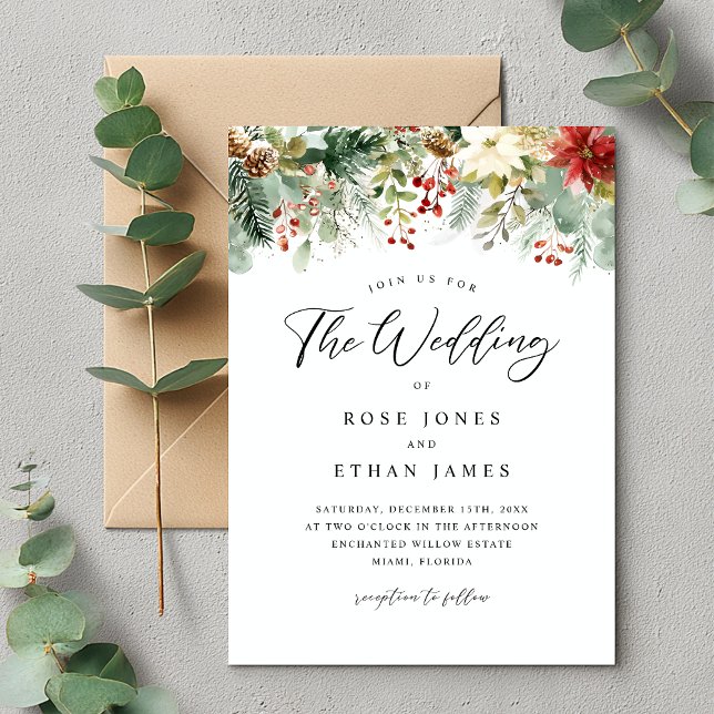 Watercolor Winter Greenery Christmas Wedding Invitation (Creator Uploaded)