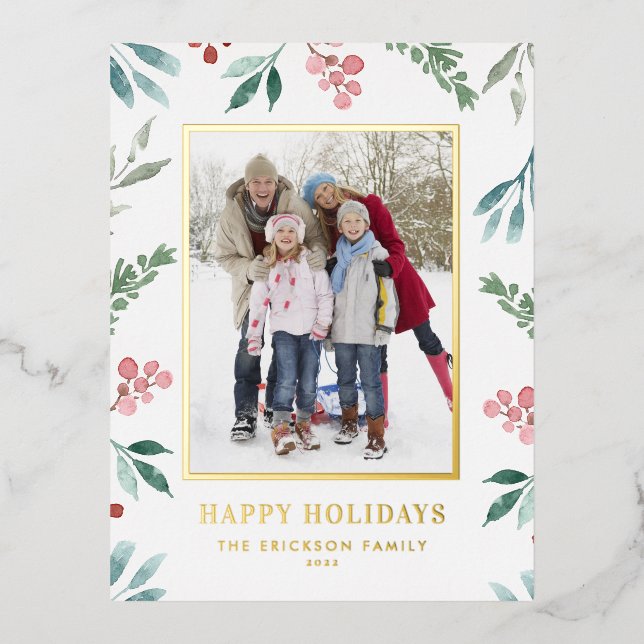 Watercolor Winter Greenery Frame Photo Foil Holiday Postcard (Front)