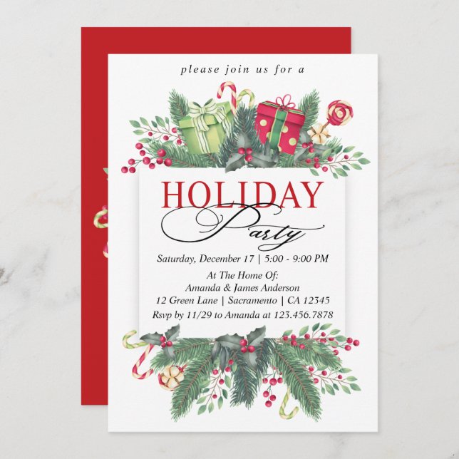 Watercolor Winter Greenery Holiday Party Invitation (Front/Back)