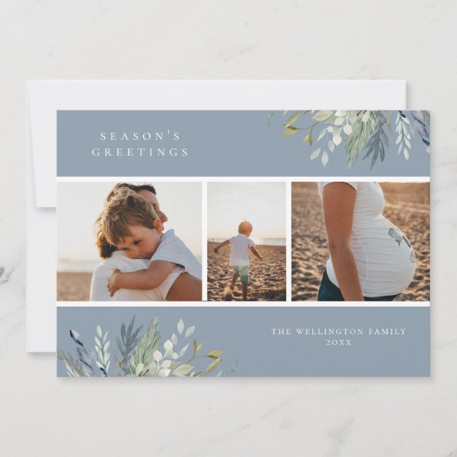 Watercolor Winter Greenery Holiday Photo Collage Card (Front)