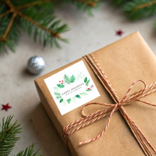 Watercolor Winter Greenery Holiday Square Sticker