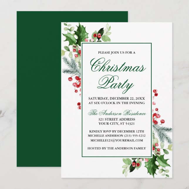 Watercolor Winter Greenery Holly Christmas Party Invitation (Front/Back)