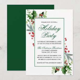 Watercolor Winter Greenery Holly Holiday Party Invitation