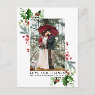 Watercolor Winter Greenery Love and Thanks Wedding Postcard