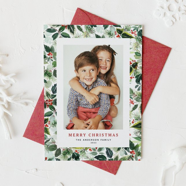 Watercolor Winter Greenery Merry Christmas Photo Holiday Card (Creator Uploaded)