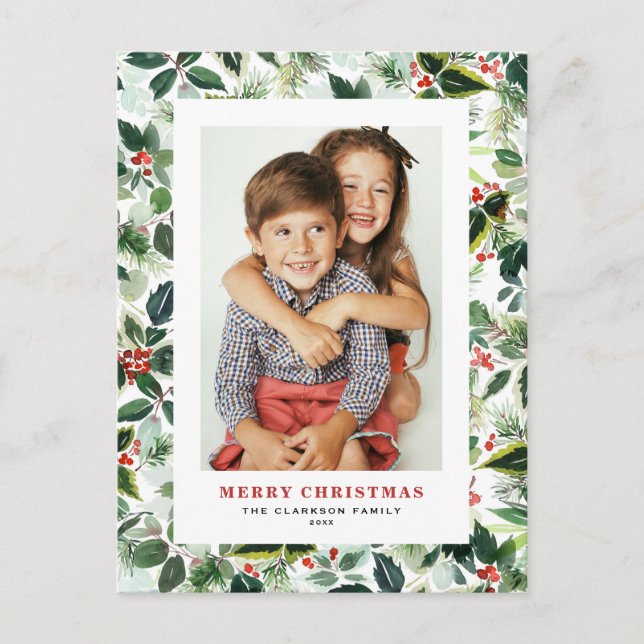 Watercolor Winter Greenery Merry Christmas Photo Holiday Postcard (Front)