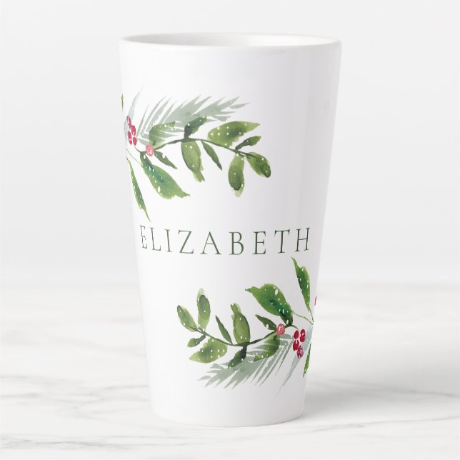 Watercolor Winter Greenery Modern Christmas Latte Mug (Front)