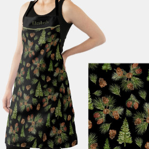 Watercolor Winter Greenery on Black Botanical Apron
