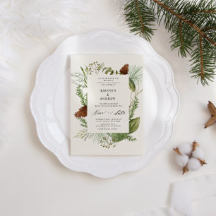 Watercolor Winter Greenery Postponed Wedding Invitation