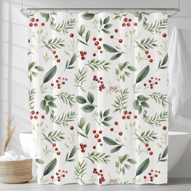 Watercolor Winter Greenery & Red Berry Botanical (Watercolor Winter Greenery & Red Berry Botanical Shower Curtain)