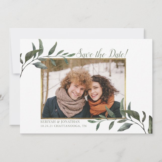 Watercolor Winter Greenery Save the Date Photo Holiday Card (Front)