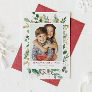 Watercolor Winter Greenery Season's Greetings Holiday Card