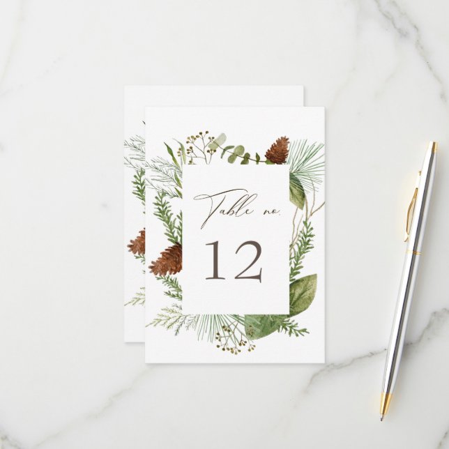 Watercolor Winter Greenery Wedding Table Number (Front/Back In Situ)